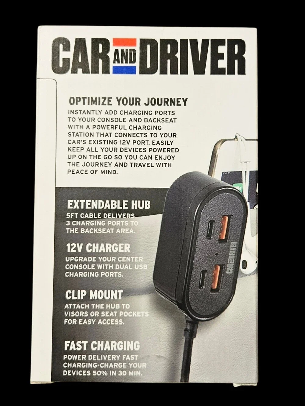 NIB Car and Driver 6 Port Car Charging station, Extendable Hub, 5 Ft Cable, 12v